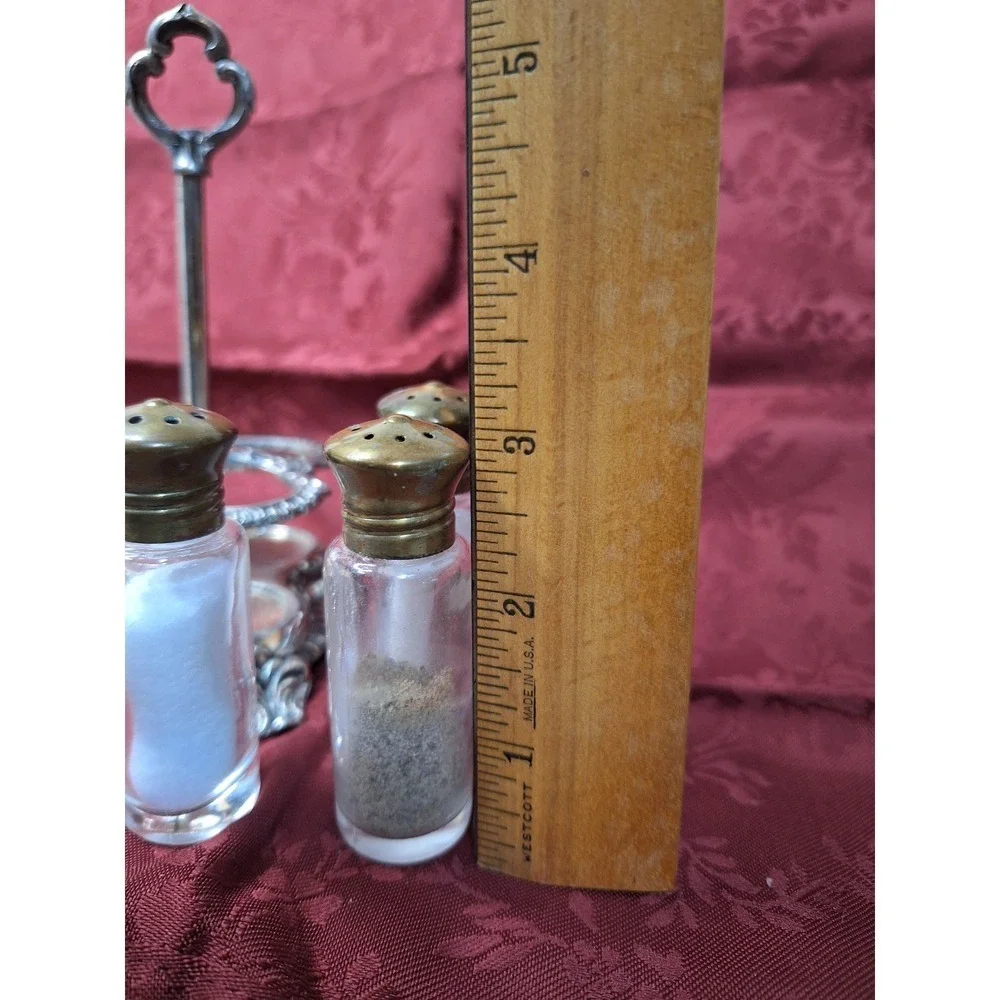Vintage‎ Ornate Silver Tone Condiment Caddy with 3 Glass Shakers Brass Lids